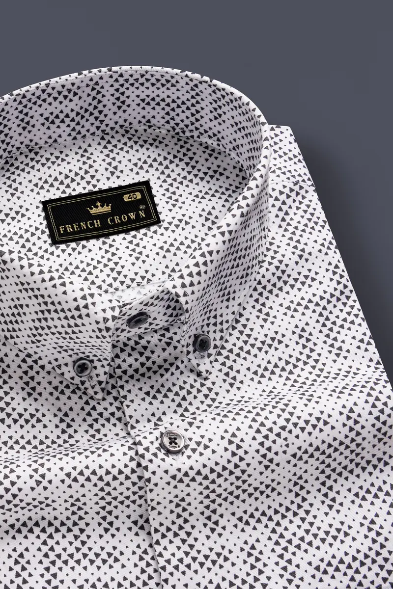 Noirtriad-Classic White With Black Flocked Triangle Printed Super Soft Premium Cotton Button Down Shirt 1
