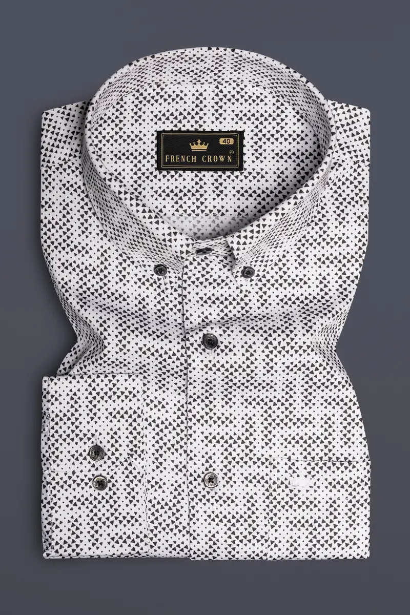 Noirtriad-Classic White With Black Flocked Triangle Printed Super Soft Premium Cotton Button Down Shirt 3