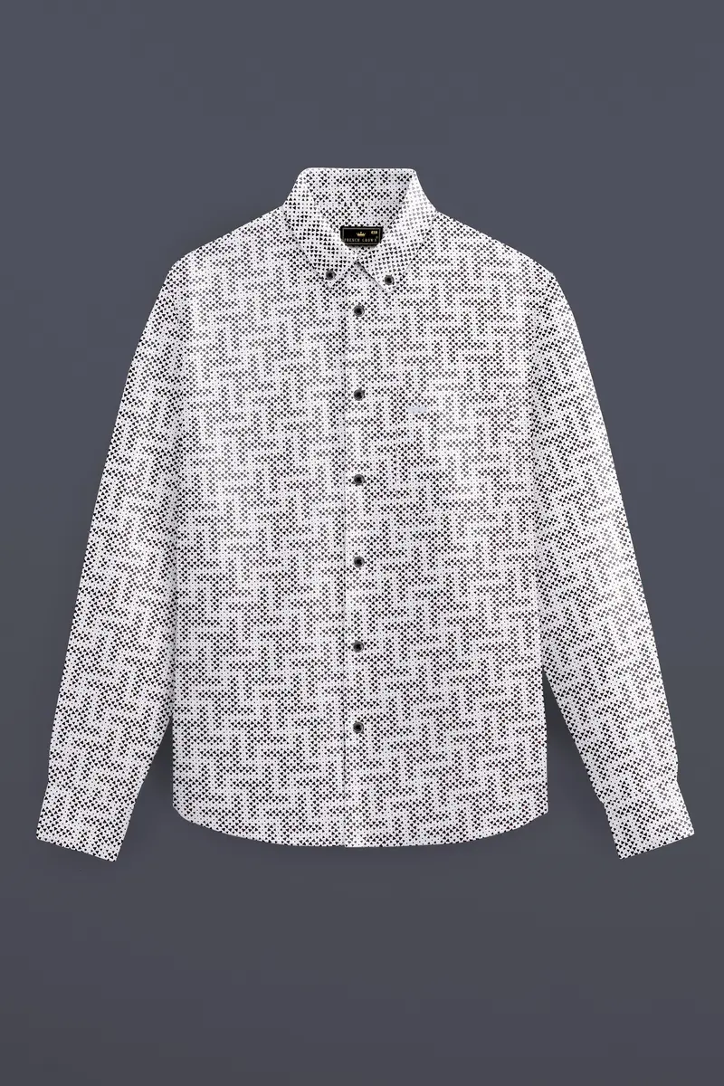 Noirtriad-Classic White With Black Flocked Triangle Printed Super Soft Premium Cotton Button Down Shirt 4