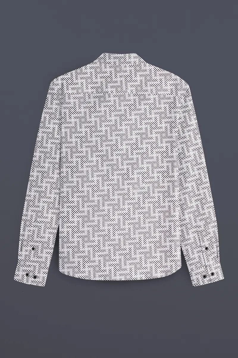 Noirtriad-Classic White With Black Flocked Triangle Printed Super Soft Premium Cotton Button Down Shirt 5