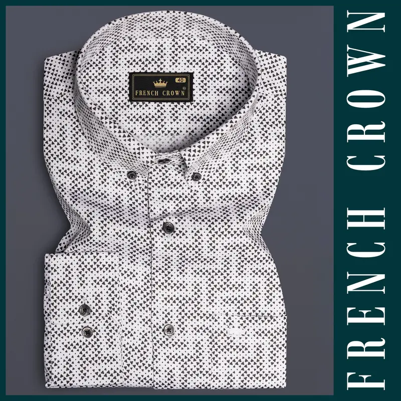 Noirtriad-Classic White With Black Flocked Triangle Printed Super Soft Premium Cotton Button Down Shirt 6