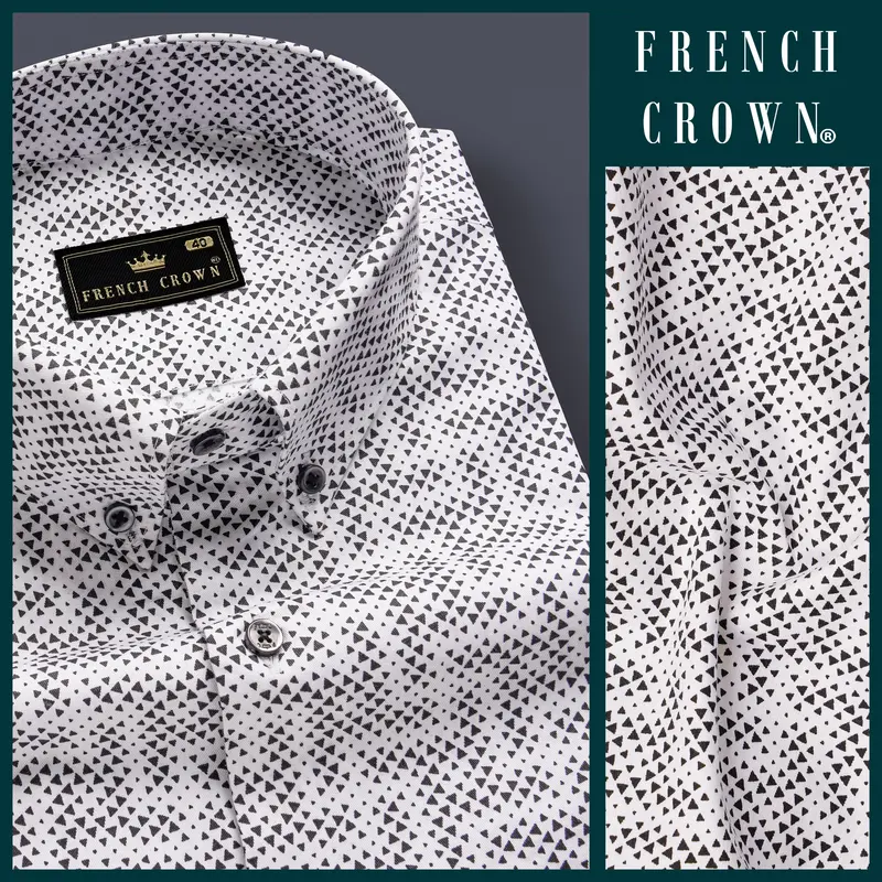 Noirtriad-Classic White With Black Flocked Triangle Printed Super Soft Premium Cotton Button Down Shirt 9