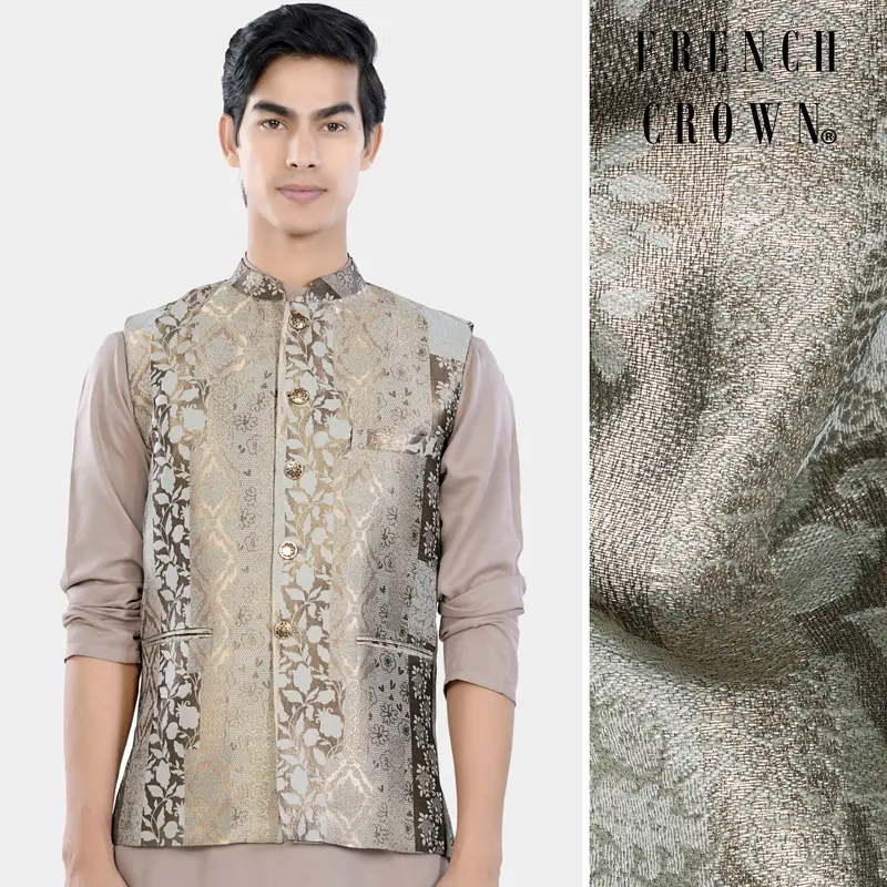 Nomad And Armadillo Brown Geometric Jacquard Textured Designer Nehru Jacket 1