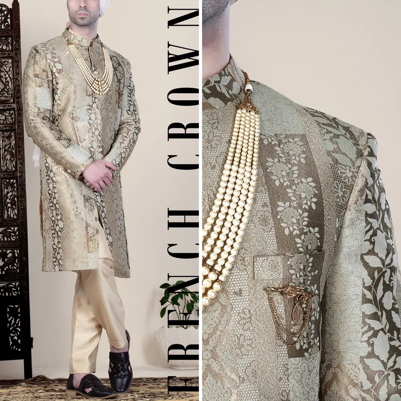 Nomad Brown And Armadillo Gray Jacquard Floral Weave Indo-Western Sherwani 1