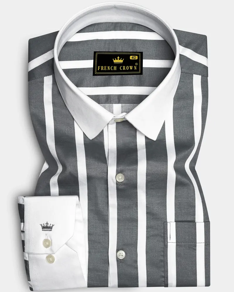 Nordoro-Oslo Gray And Bright White Awning Striped Super Soft Premium Cotton Dress White Cuff Collar Shirt 1