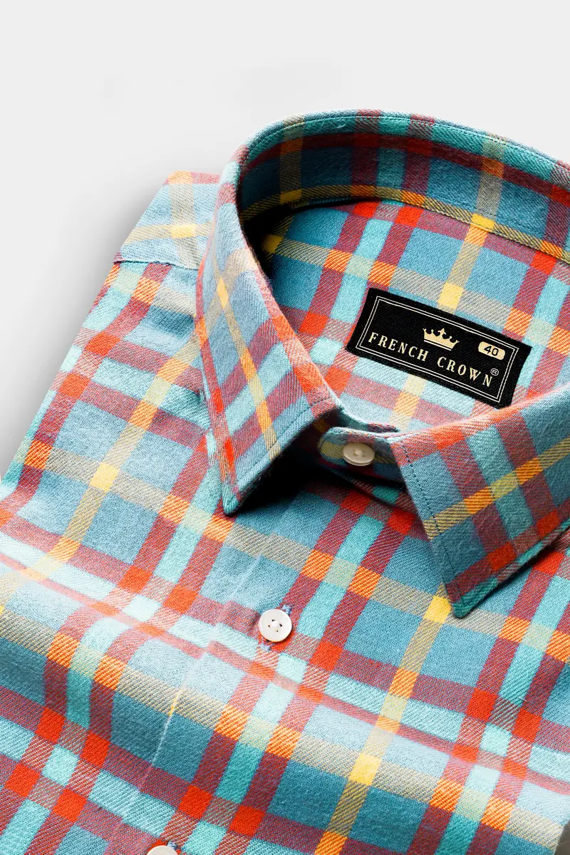 Northern Blue With Jasmine Yellow And Cadmium Orange Checkered Flannel Shirt 1