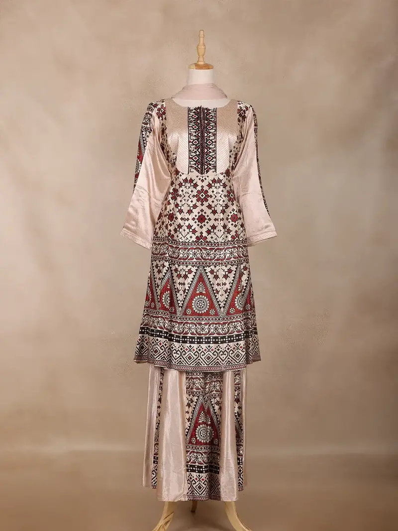 Nude Beige Geometric Design Cotton Palazzo Suit 1