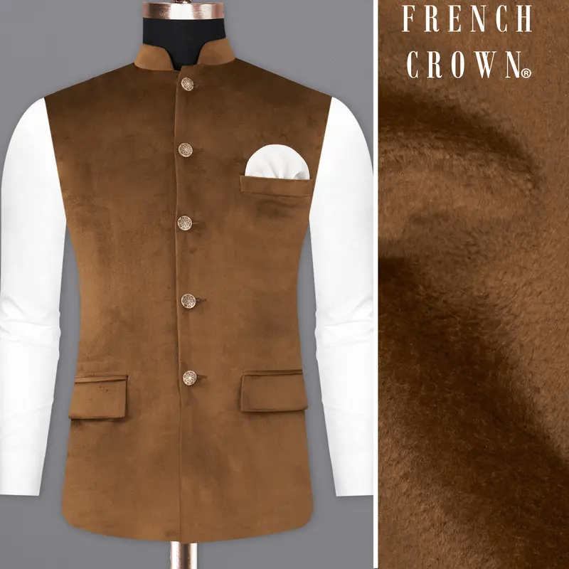 Nutmeg Brown Premium Velvet Designer Nehru Jacket 1