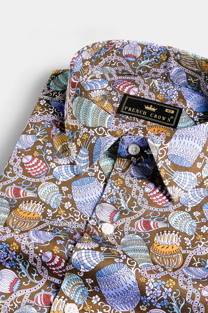 Nutmeg Brown With Iris Blue And Cadet Red Floral Printed Subtle Sheen Super Soft Premium Cotton Shirt 1