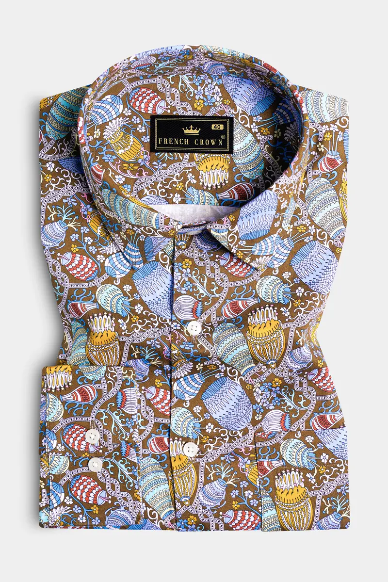 Nutmeg Brown With Iris Blue And Cadet Red Floral Printed Subtle Sheen Super Soft Premium Cotton Shirt 3