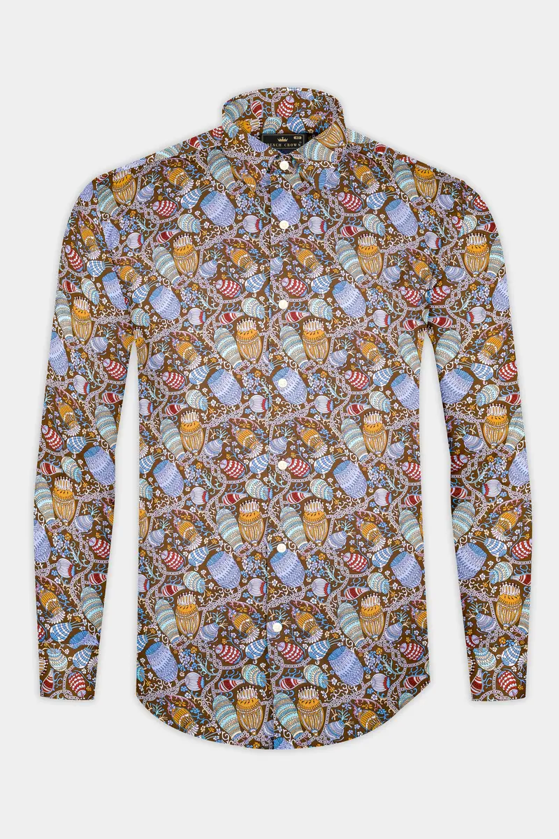 Nutmeg Brown With Iris Blue And Cadet Red Floral Printed Subtle Sheen Super Soft Premium Cotton Shirt 4