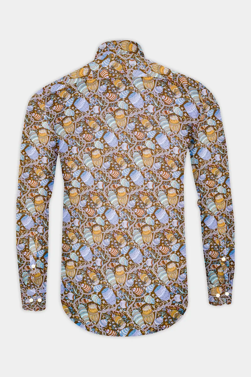 Nutmeg Brown With Iris Blue And Cadet Red Floral Printed Subtle Sheen Super Soft Premium Cotton Shirt 5
