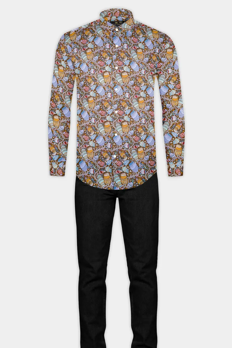 Nutmeg Brown With Iris Blue And Cadet Red Floral Printed Subtle Sheen Super Soft Premium Cotton Shirt 6