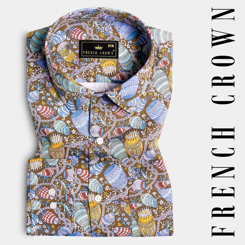 Nutmeg Brown With Iris Blue And Cadet Red Floral Printed Subtle Sheen Super Soft Premium Cotton Shirt 7