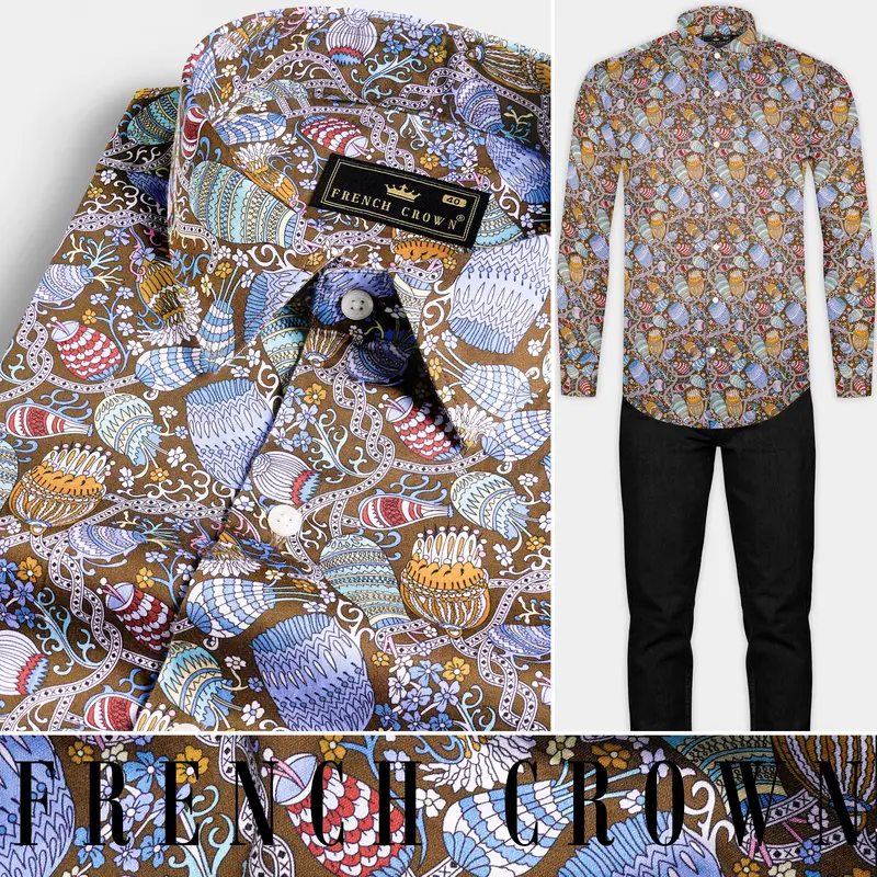 Nutmeg Brown With Iris Blue And Cadet Red Floral Printed Subtle Sheen Super Soft Premium Cotton Shirt 8