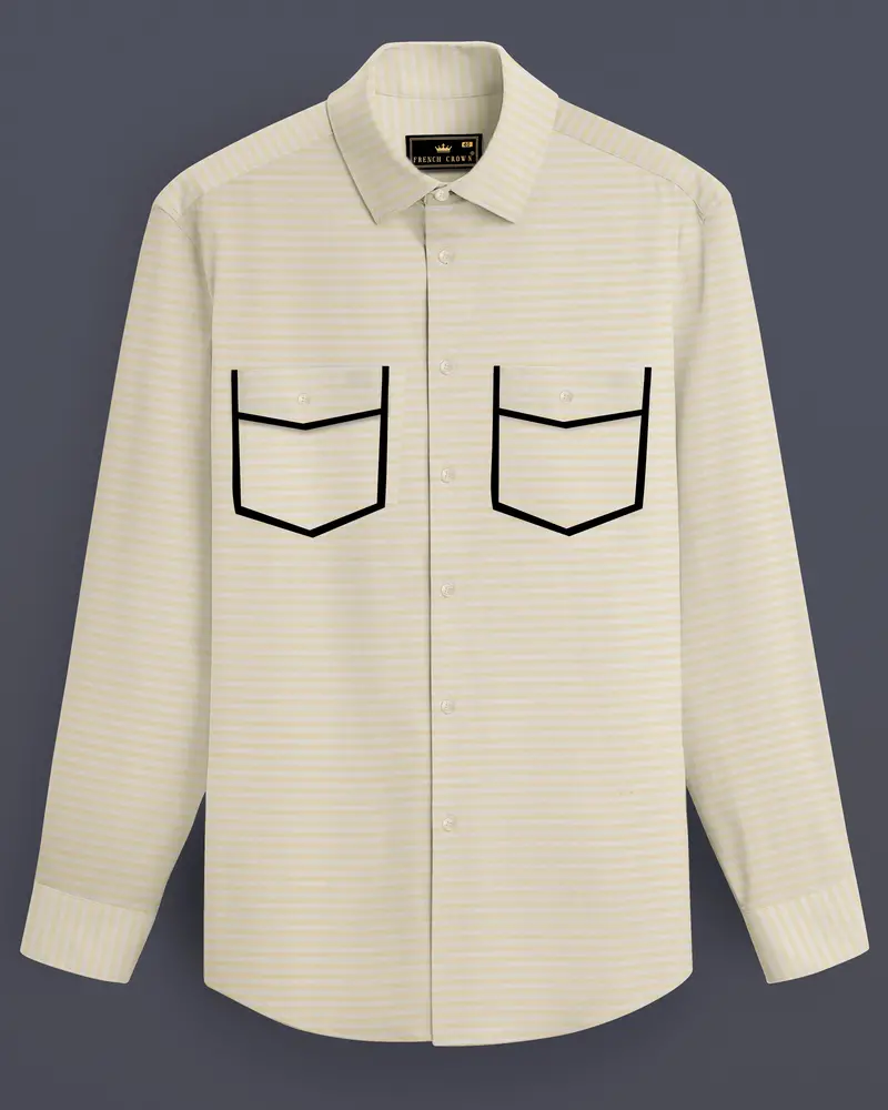 Oasis Yellow And White Striped With Black Piping Work Twill Premium Cotton Shirt 1