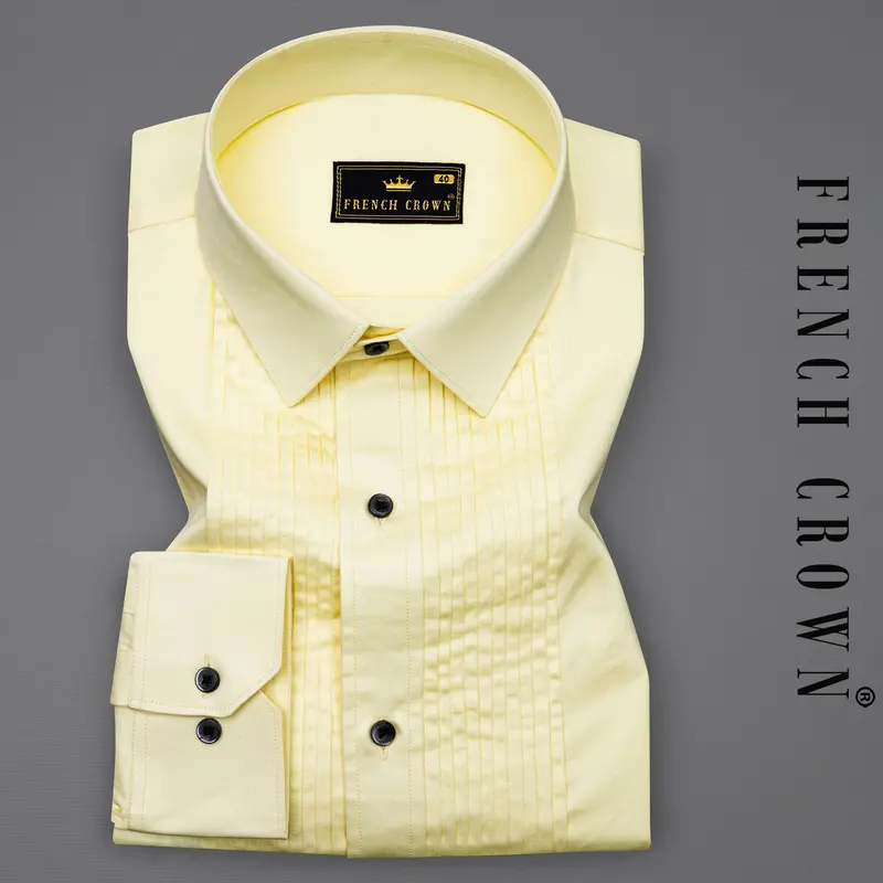 Oasis Yellow Subtle Sheen Snake Pleated Super Soft Premium Cotton Tuxedo Shirt 1