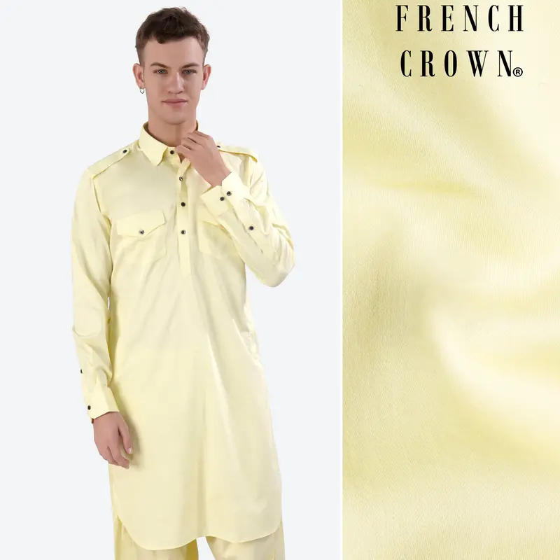 Oasis Yellow Subtle Sheen Super Soft Premium Cotton Pathani Kurta 1