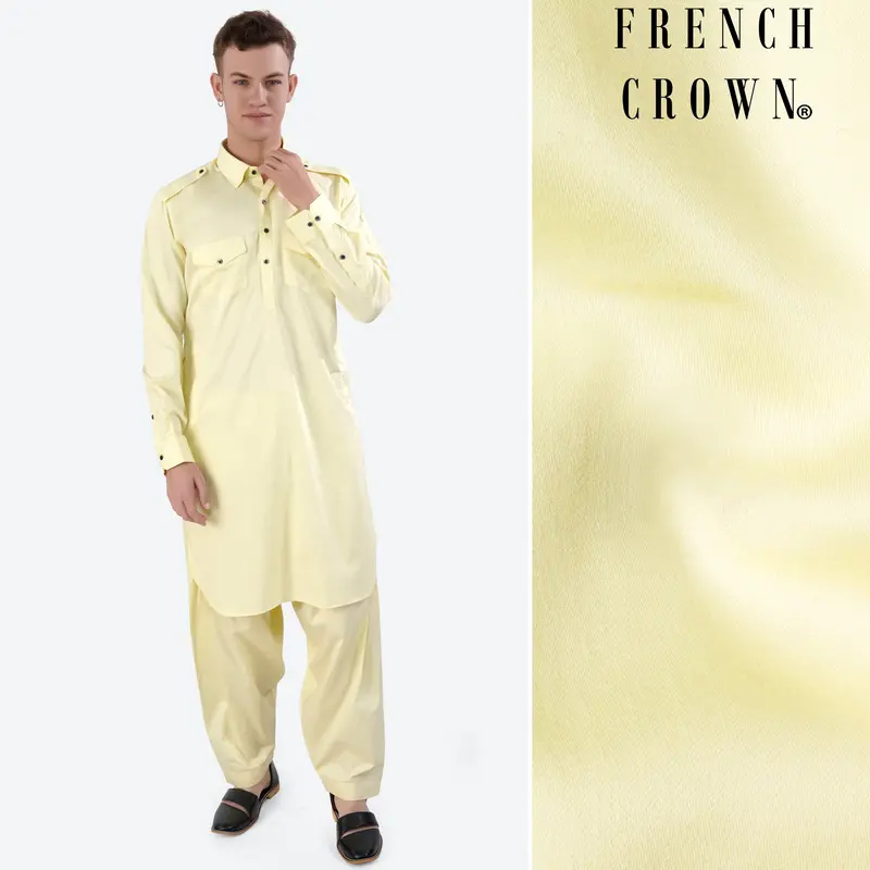 Oasis Yellow Subtle Sheen Super Soft Premium Cotton Pathani Set 1