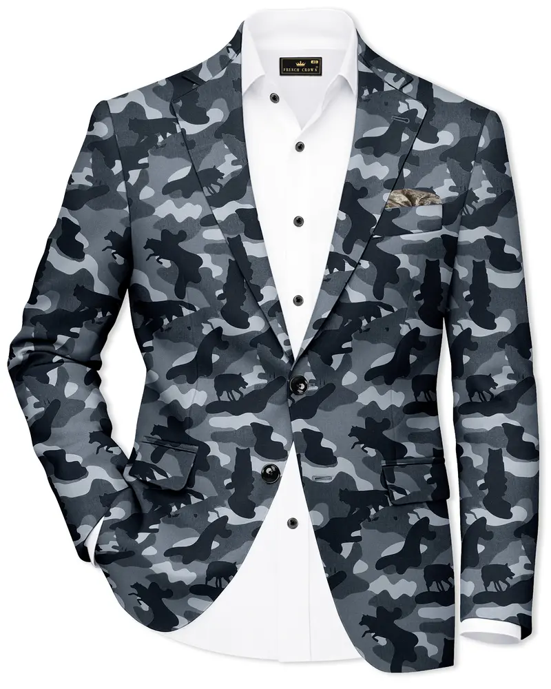 Obscaro-Carbon Gray And Cinder Black Camouflage Printed Cotton Single Breasted Blazer 1
