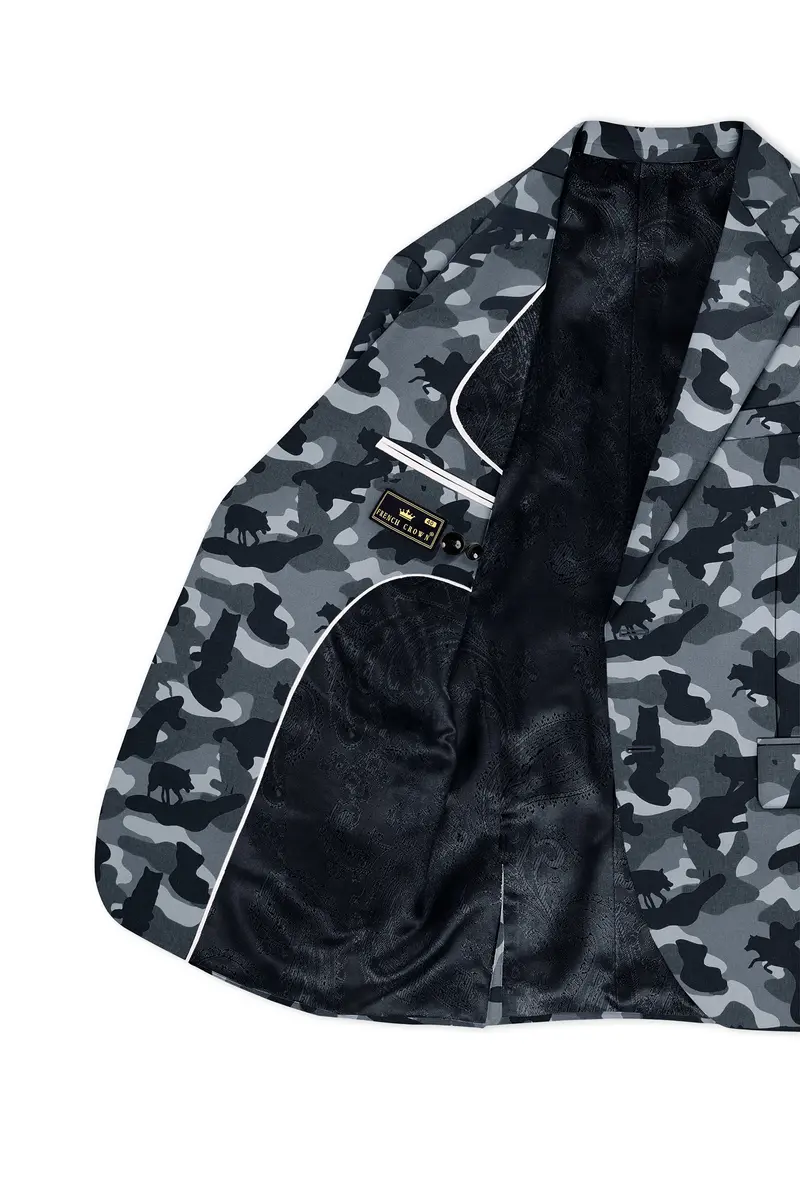 Obscaro-Carbon Gray And Cinder Black Camouflage Printed Cotton Single Breasted Blazer 6