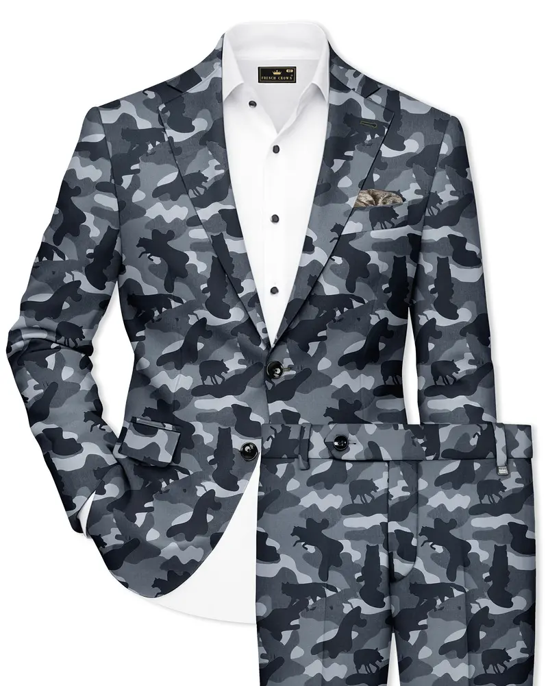 Obscaro-Carbon Gray And Cinder Black Camouflage Printed Cotton Single Breasted Suit 1