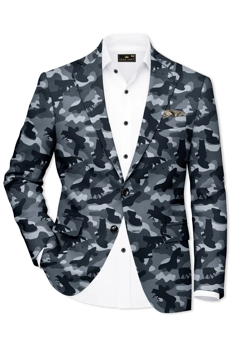 Obscaro-Carbon Gray And Cinder Black Camouflage Printed Cotton Single Breasted Suit 10
