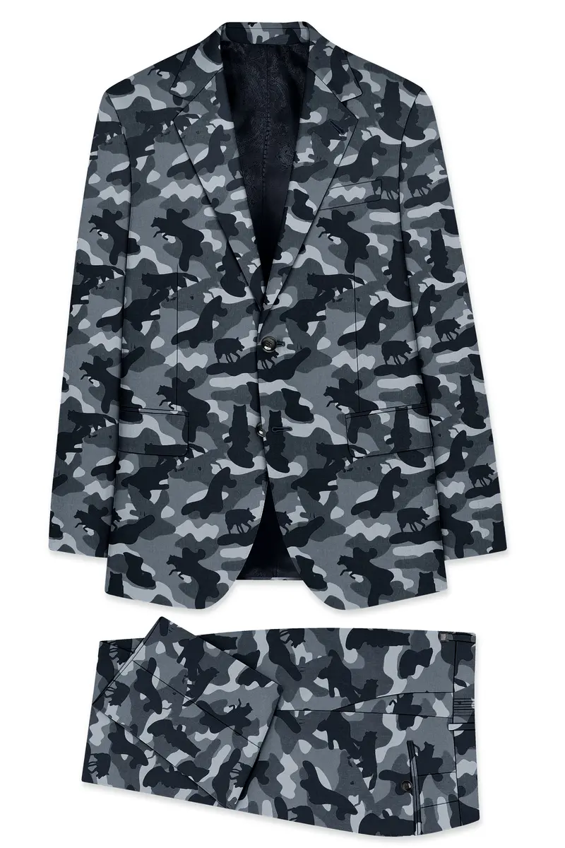 Obscaro-Carbon Gray And Cinder Black Camouflage Printed Cotton Single Breasted Suit 11