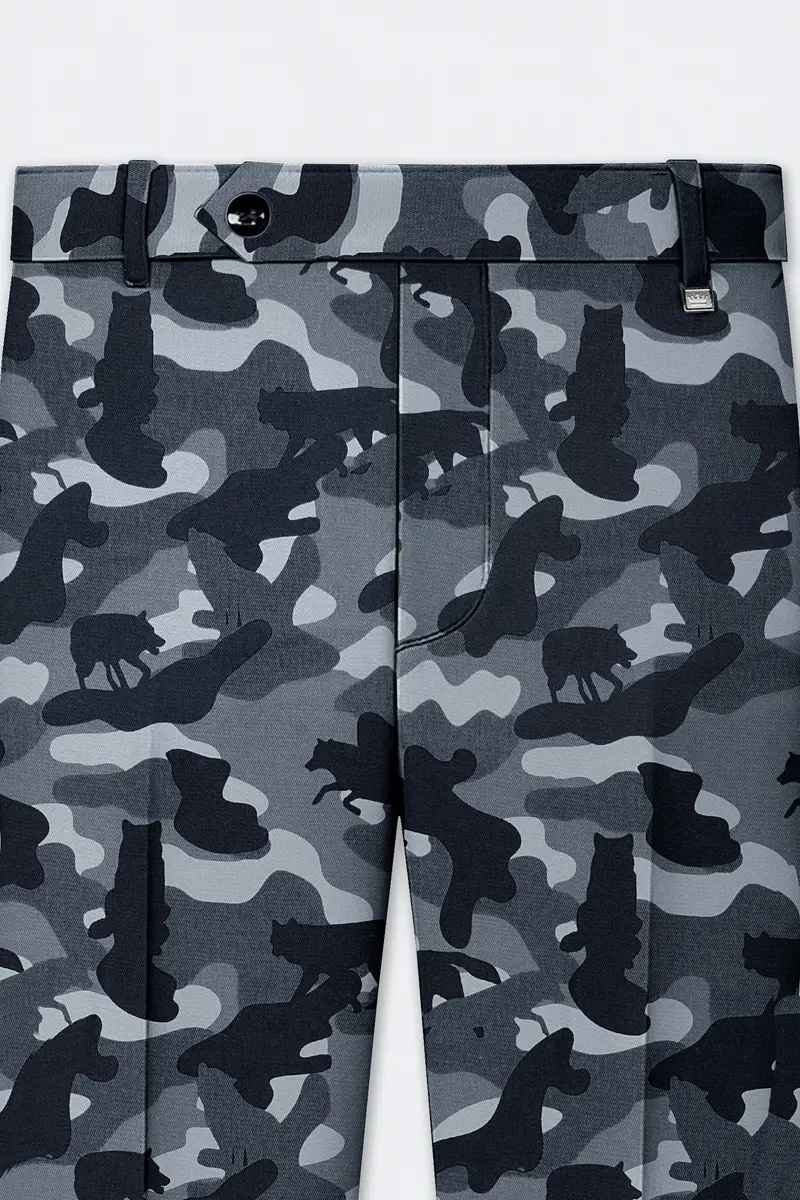 Obscaro-Carbon Gray And Cinder Black Camouflage Printed Cotton Single Breasted Suit 12