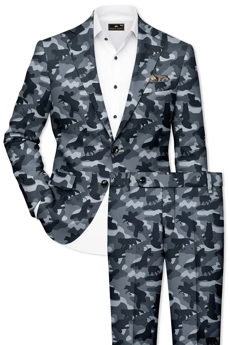 Obscaro-Carbon Gray And Cinder Black Camouflage Printed Cotton Single Breasted Suit 2