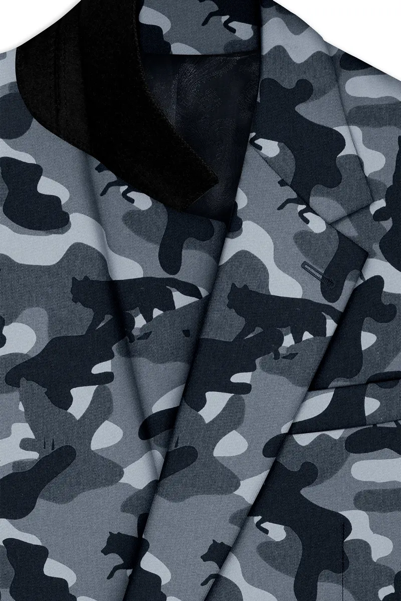 Obscaro-Carbon Gray And Cinder Black Camouflage Printed Cotton Single Breasted Suit 5