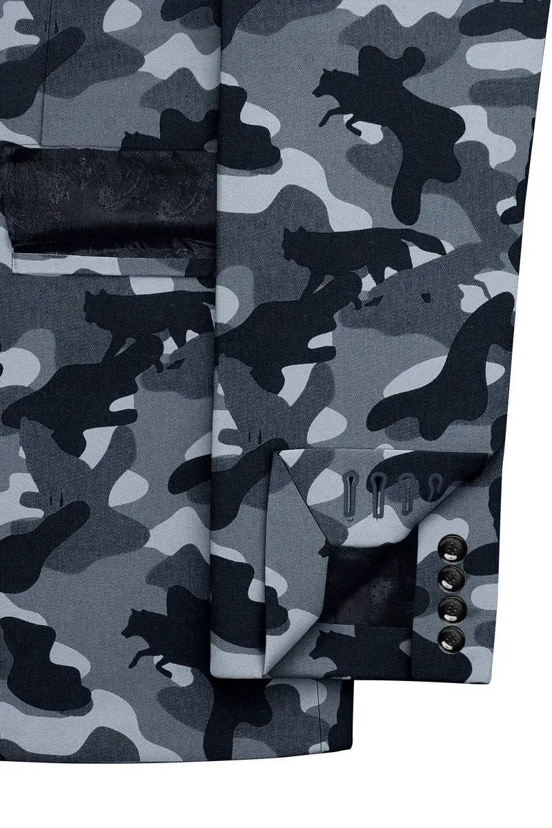 Obscaro-Carbon Gray And Cinder Black Camouflage Printed Cotton Single Breasted Suit 7