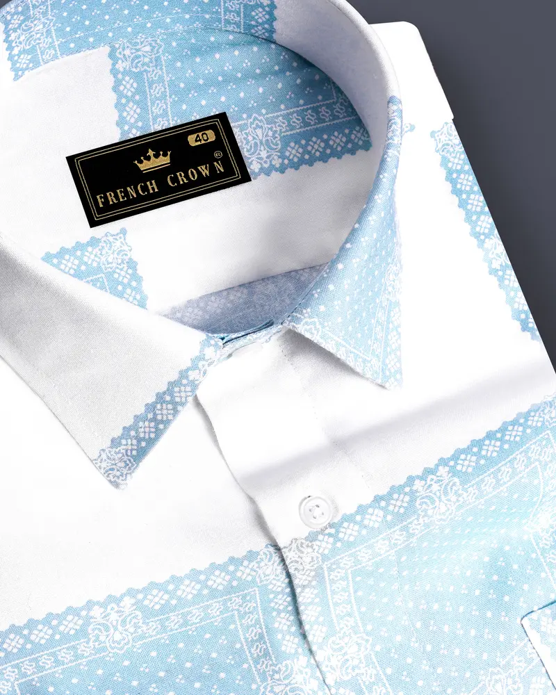 Obscia-Bright White And Gothic Blue Printed Super Soft Tencel Casual Shirt 1