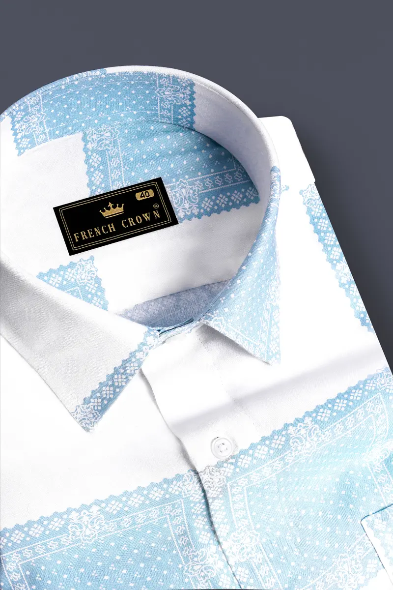 Obscia-Bright White And Gothic Blue Printed Super Soft Tencel Casual Shirt 2