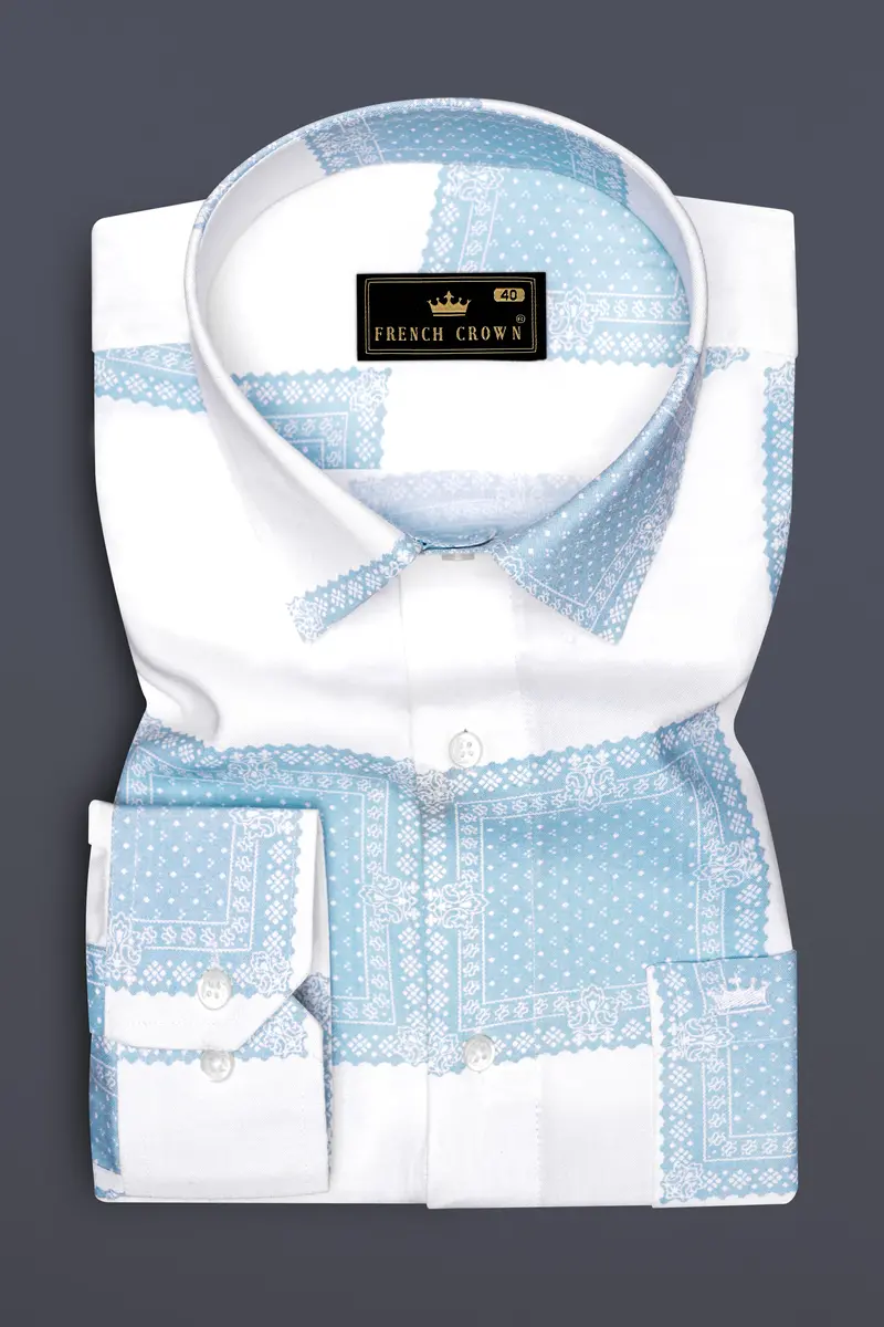 Obscia-Bright White And Gothic Blue Printed Super Soft Tencel Casual Shirt 4