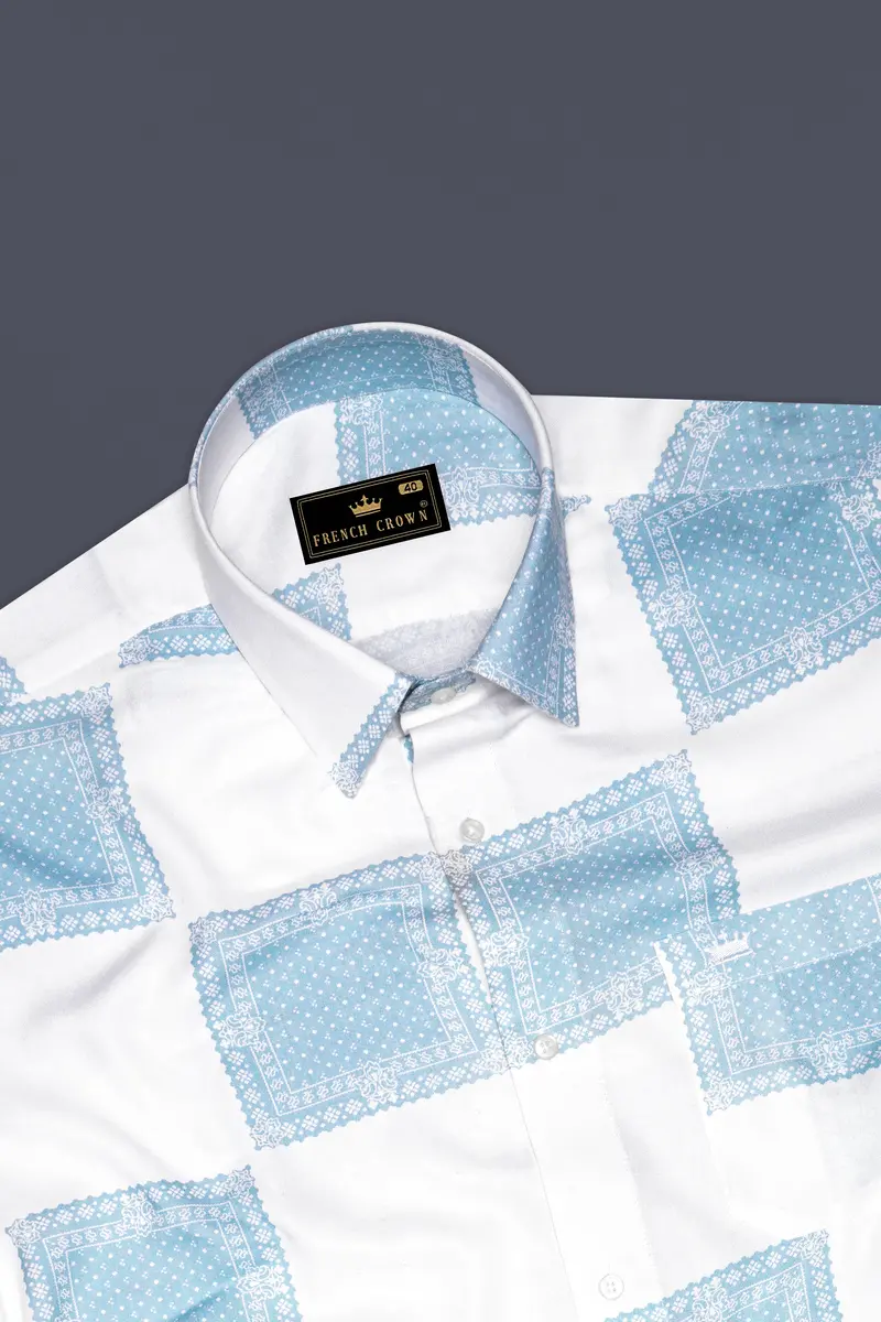 Obscia-Bright White And Gothic Blue Printed Super Soft Tencel Casual Shirt 5