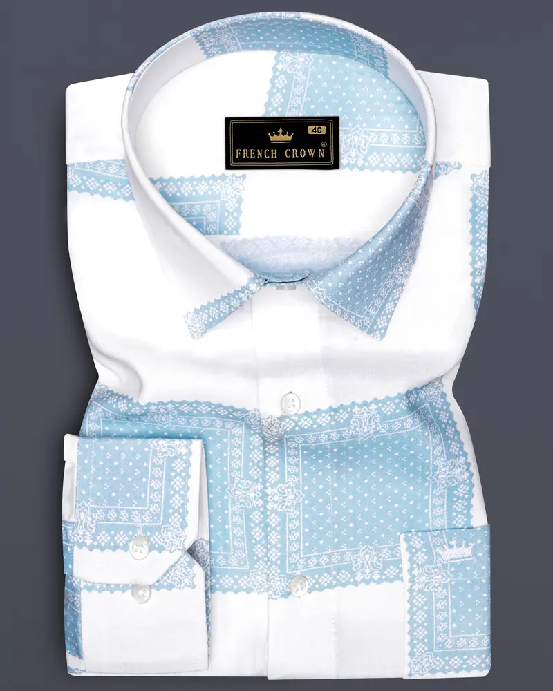Obscia-Bright White And Gothic Blue Printed Super Soft Tencel Casual Shirt 6