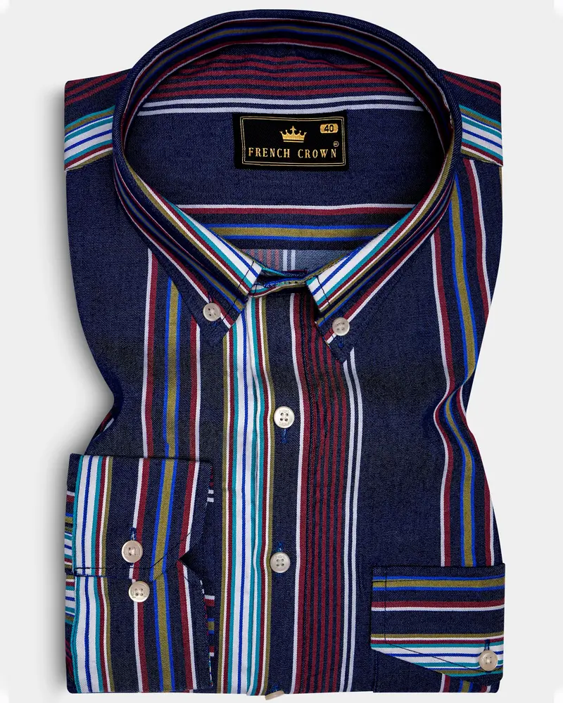 Obscura-Midnight Blue And Bordeaux Red Multicoloured Striped Indigo Denim Casual Designer Shirt 1