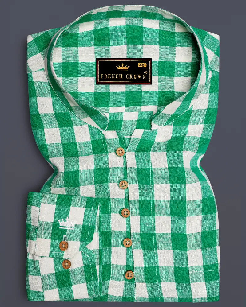 Observatory Green And White Checkered Luxurious Linen Kurta Shirt 1