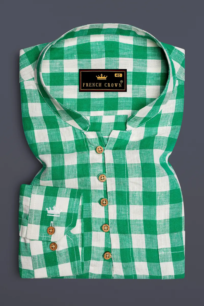 Observatory Green And White Checkered Luxurious Linen Kurta Shirt 2