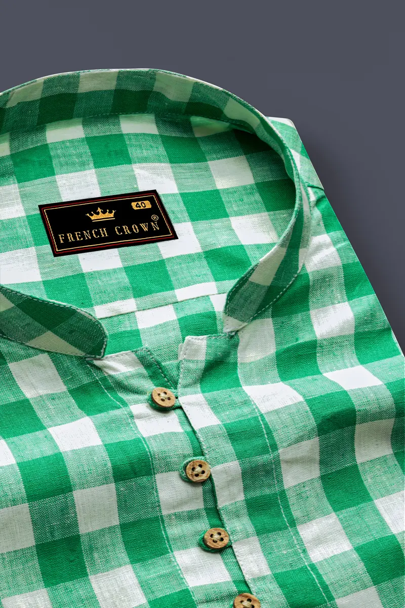 Observatory Green And White Checkered Luxurious Linen Kurta Shirt 4