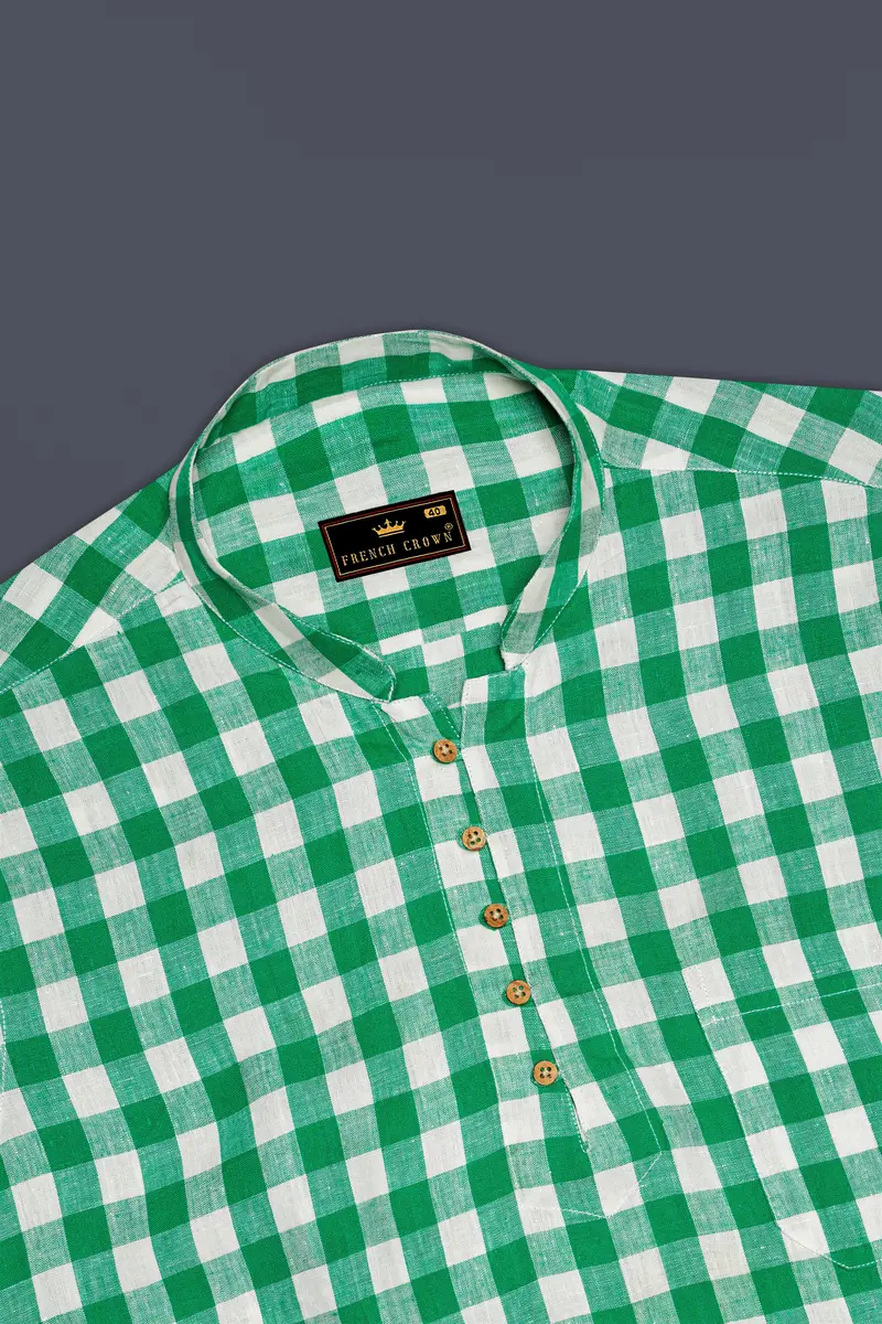 Observatory Green And White Checkered Luxurious Linen Kurta Shirt 5