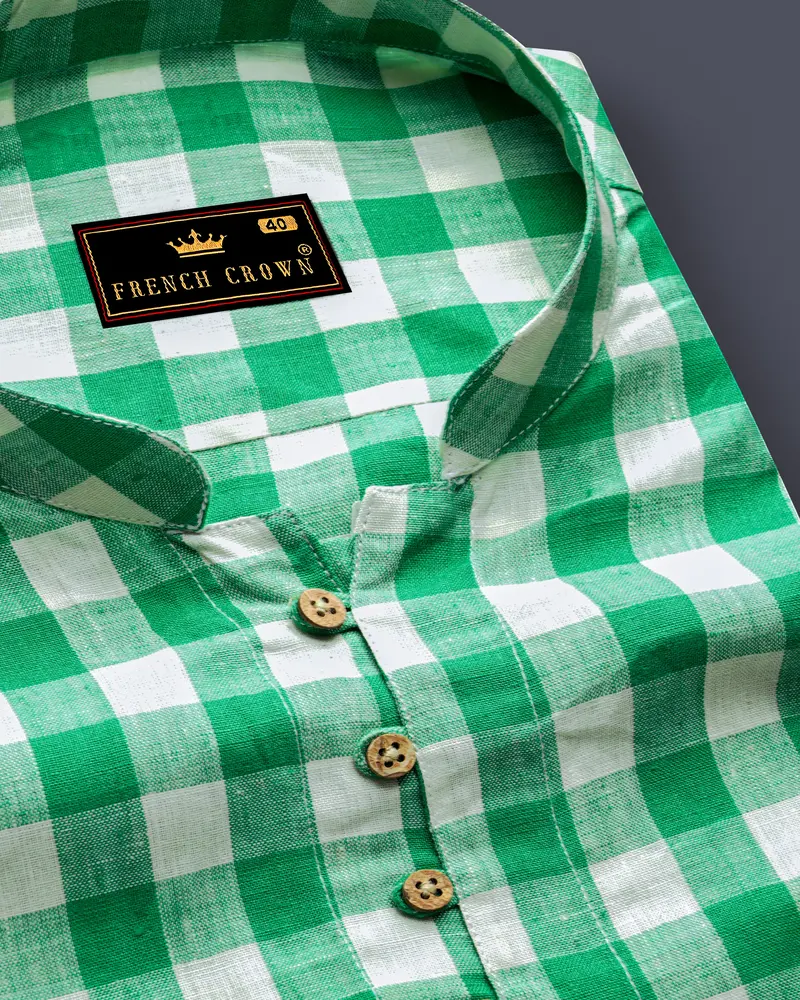 Observatory Green And White Checkered Luxurious Linen Kurta Shirt 6