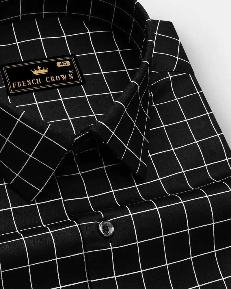Obsidian-Jade Black And Bright White Windowpane Subtle Sheen Super Soft Premium Cotton Dress Shirt 1