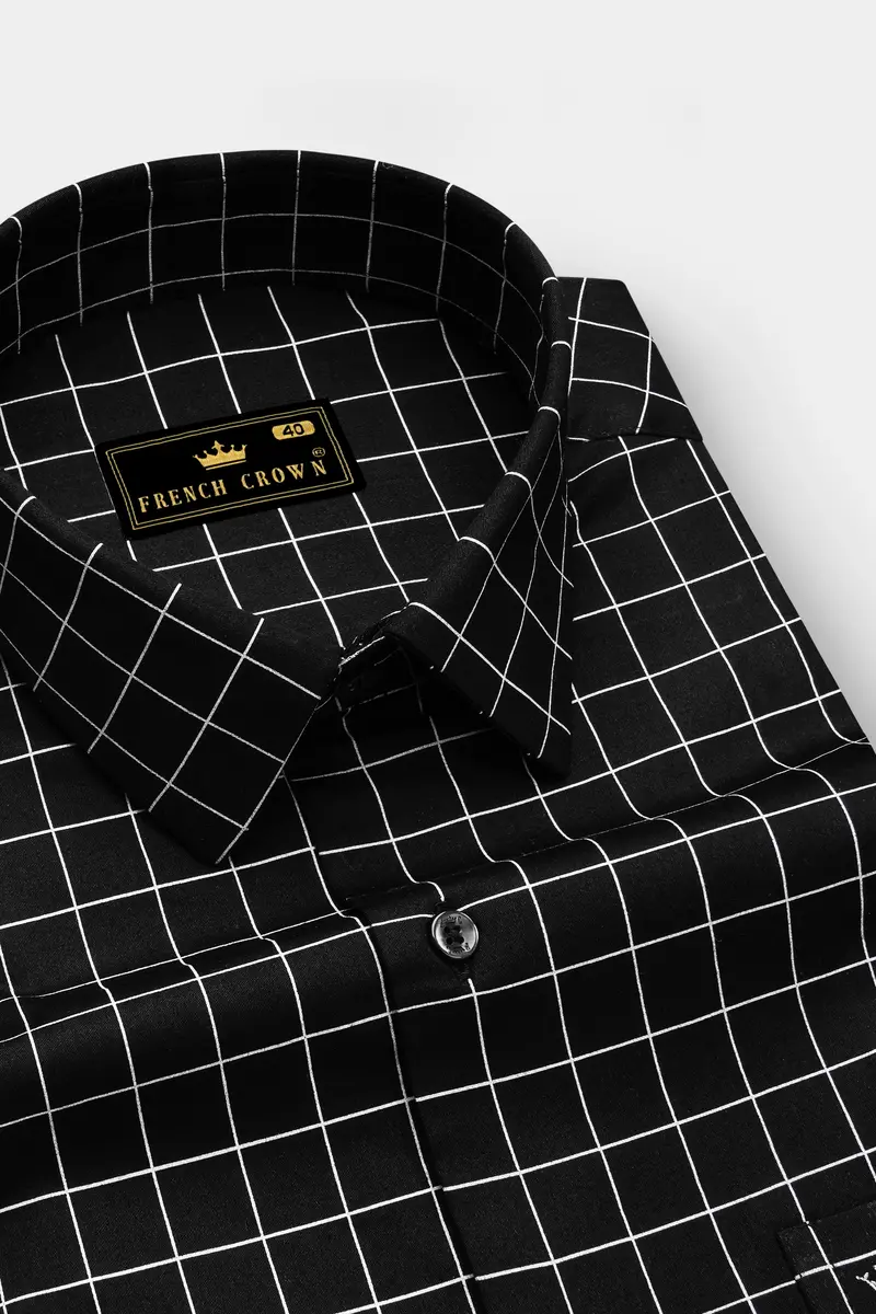 Obsidian-Jade Black And Bright White Windowpane Subtle Sheen Super Soft Premium Cotton Dress Shirt 2