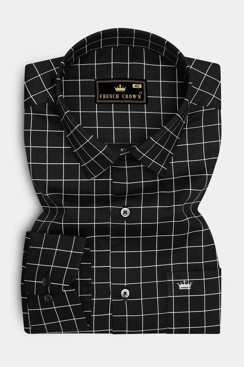 Obsidian-Jade Black And Bright White Windowpane Subtle Sheen Super Soft Premium Cotton Dress Shirt 4