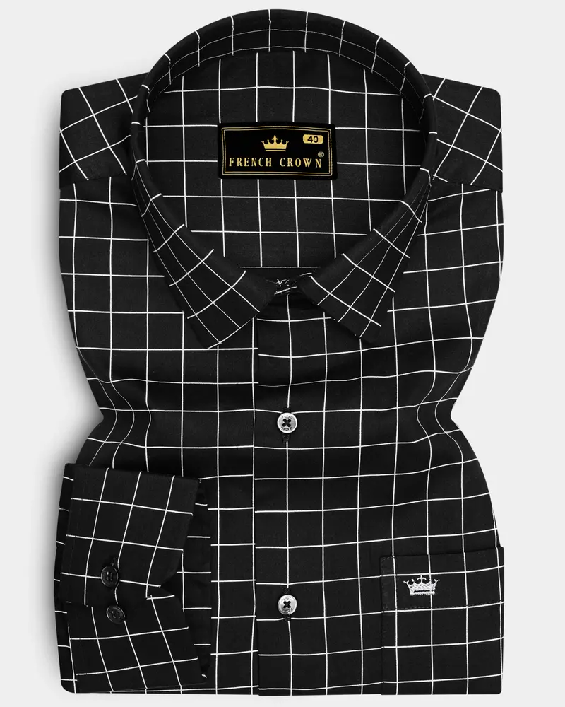 Obsidian-Jade Black And Bright White Windowpane Subtle Sheen Super Soft Premium Cotton Dress Shirt 6