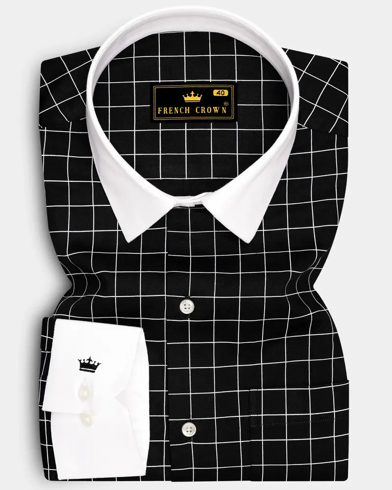 Obsidian-Jade Black And Bright White Windowpane Subtle Sheen Super Soft Premium Cotton Dress White Cuff Collar Shirt 1