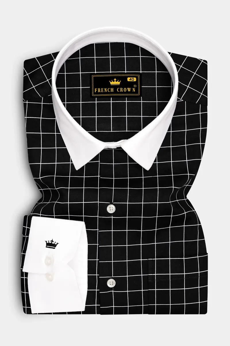 Obsidian-Jade Black And Bright White Windowpane Subtle Sheen Super Soft Premium Cotton Dress White Cuff Collar Shirt 2