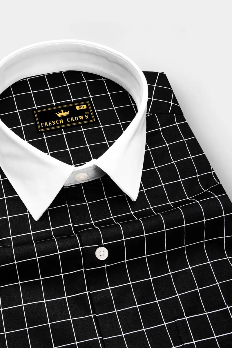 Obsidian-Jade Black And Bright White Windowpane Subtle Sheen Super Soft Premium Cotton Dress White Cuff Collar Shirt 4